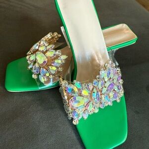Green Crystal Embellished Heels
